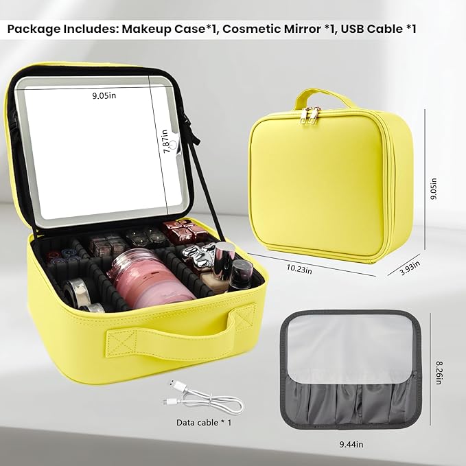 Travel Makeup Bag with LED Mirror and Light Travel Makeup Case Cosmetic Organizer Portable Cosmetic Brush Organizer Bag with Adjustable Dividers for Cosmetics Makeup Brushes Toiletry (Yellow)