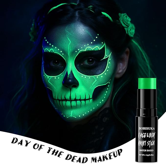 BOBISUKA Neon Green Face Body Paint Stick Water-Based Washable Glow In The UV Light Face Paint Makeup Stick for Halloween Witch Skull Robot Cyber Alien Cosplay SFX,Sports Eye Black & Costume Party