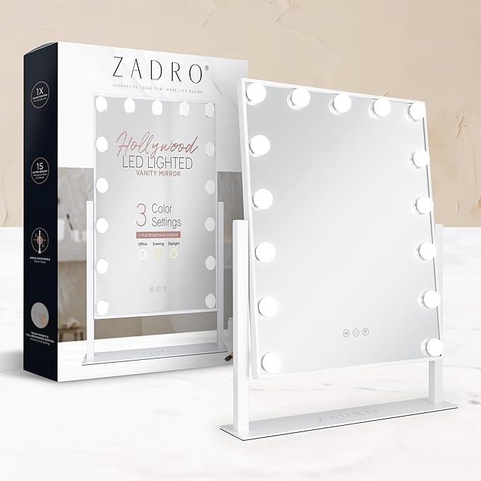 Zadro Hollywood Lighted Vanity Mirror with 15 LED Bulbs, 3 Color Light Settings, 360° Rotation Makeup Mirror Head (21" H x 18" W | 1X | Neutral)