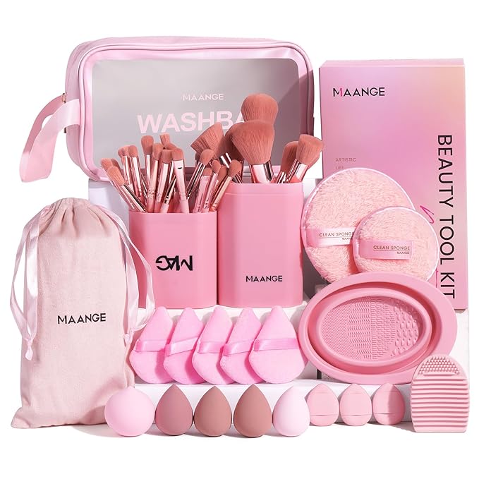MAANGE Makeup Brush Set 51 PCS Professional Makeup Brushes for Foundation Powder Concealers Eye shadows Blending Blush Travel Make up Brush Kit (Pink)