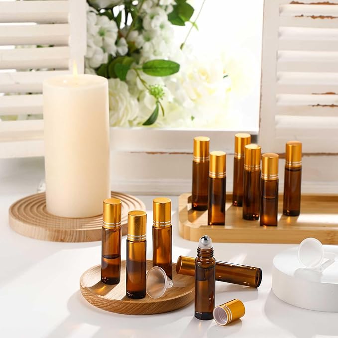 Sumind 150 Pcs Essential Oil Roller Bottles 10 ml Glass Empty Roll on Bottles with Stainless Steel Balls Leak Proof with 5 Funnel for Travel Essential Oil(Amber, Gold)
