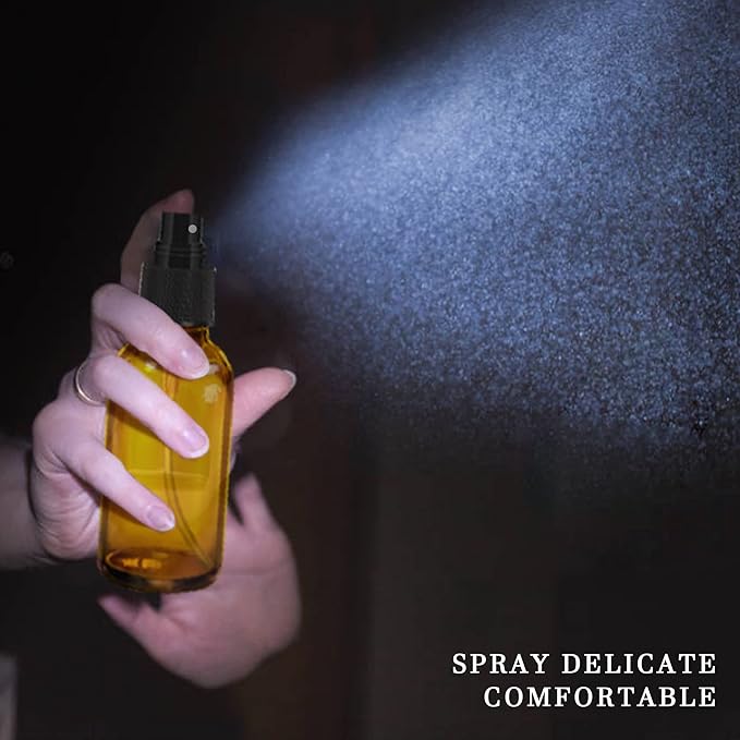 4 pcs Amber Glass Spray Bottles 2oz, Empty Small Spray Bottle Fine Mist Refillable Sprayer with Funnel Labels Droppers,Mini Travel Bottle for Essential Oils,Hair and Cleaning Solutions