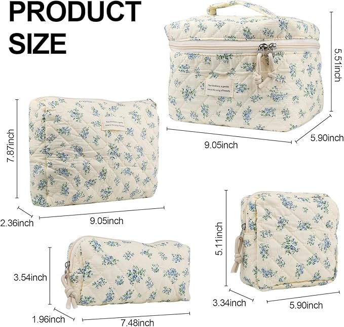 VIWIME Makeup Cosmetic Bag, Large Cotton Quilted Travel Coquette Aesthetic Cute Floral Make up Bag for Women Toiletry Bag Organizer(Blue Rose/4Pcs)