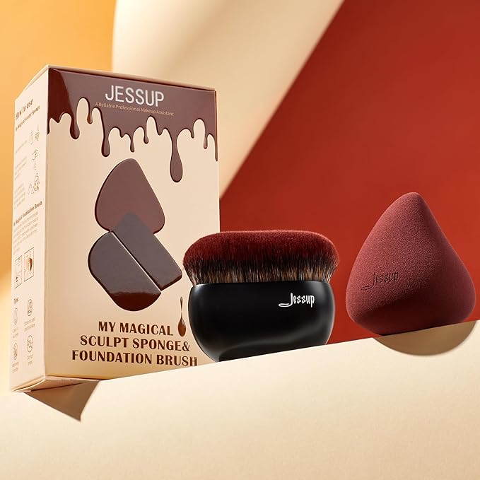 Jessup Foundation Brush with Makeup Sponge, Black Makeup Brush Flat Top Kabuki Brush for Liquid Blending Stippling, T881