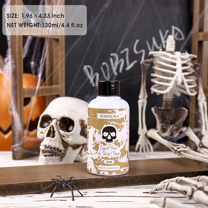 BOBISUKA Gold Face Body Paint Liquid Texture Washable Non Toxic Facepaint Fast Drying Metallic Gold Foundation Makeup for Halloween Cosplay SFX Costume Party Large Capacity(130ml)