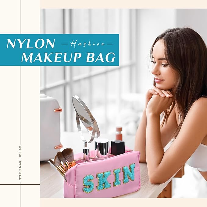 Cunno 4 Pcs Preppy Makeup Bags Chenille Letter Stuff Bag Nylon Cosmetic Pouch Cases with Zipper for Women Travel Toiletry