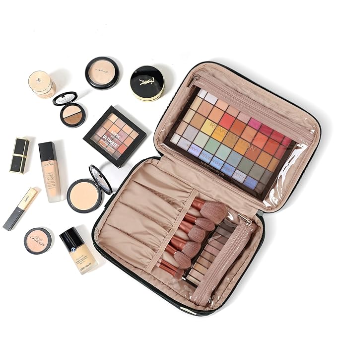 NISHEL Extra Large Double Layer Travel Makeup Bag Women, Cosmetic Organizer Case, Essentials Accessories with Shoulder Strap for Bottles, Brushes, Conditioner, Skin Care Products, Black