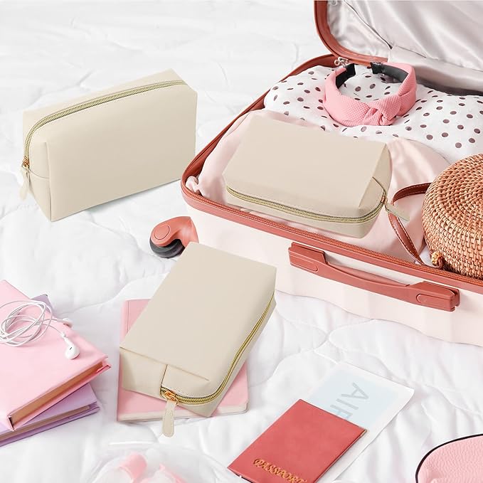 8 Pcs Makeup Bag Pu Leather Cosmetic Pouch Waterproof Small Toiletry Bag Portable Cosmetic Organizer Water Resistant Storage Purse for Lady Women Daily Storage Travel Organizer (Beige,Medium)