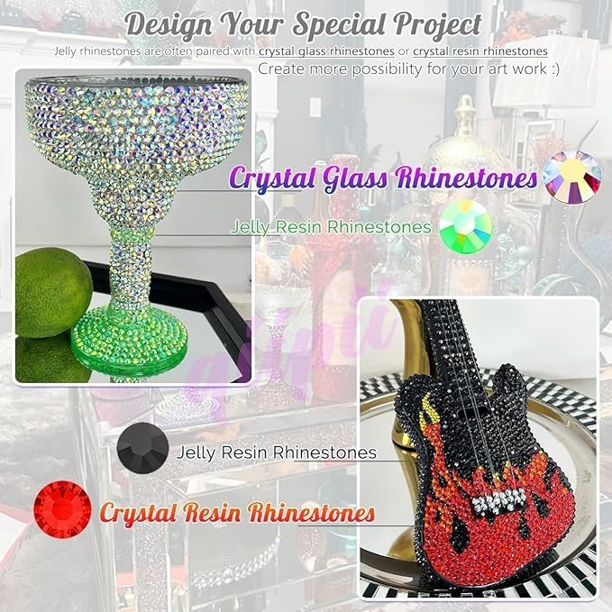 28 Types Blue Jelly Resin Rhinestones w B7000 Jewelry Glue for Bedazzling Crafting 3-6mm Flatback Colorful Stones Gems Diamonds for Face Eyes Makeup DIY Crafts Tumblers Bottles Clothes Shoes