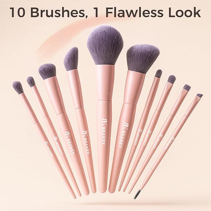 BEAKEY Pink Makeup Brushes Set–10 Pcs Taklon Bristles for Foundation Powder Blush Contour Eyeshadow & Concealer with Durable Birch Handles
