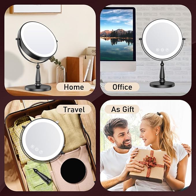 Makeup Mirror with Lights, 20X Magnifying Mirror with Light for Women, 5000 mAh Vanity Mirror with Lights and 3 Colors, 2-Sided Lighted Magnified Mirrors for Delicate Makeup, 9 Inch, Black