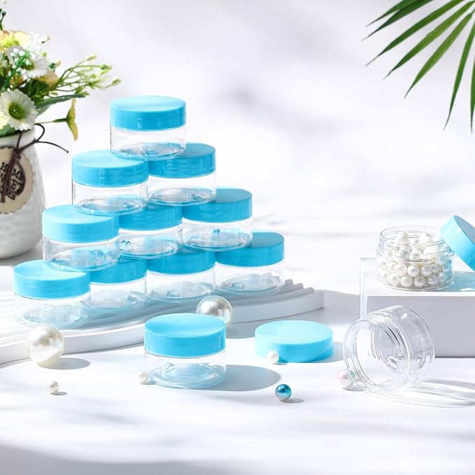 SATINIOR 100 Pcs Plastic Jars with Lids Small Containers Lids Wide Mouth Small Plastic Containers for Lotion Cream Rhinestones Body Butters Travel Storage(8 oz, Blue)
