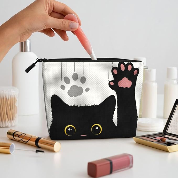 MOLAIGIN Cute Black Cat Paw Cosmetic Bag For Women, Travel Makeup Bag, Toiletry Zipper Bag, Large Capacity Aesthetic Cases