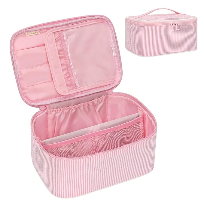 OCHEAL Makeup Bag for Women - Travel Cosmetic Organizer with Brush Slot & Divider, Large Capacity Toiletry Bag for Girls, Travel Makeup Case for everyday Make up Accessories -Pink stripes