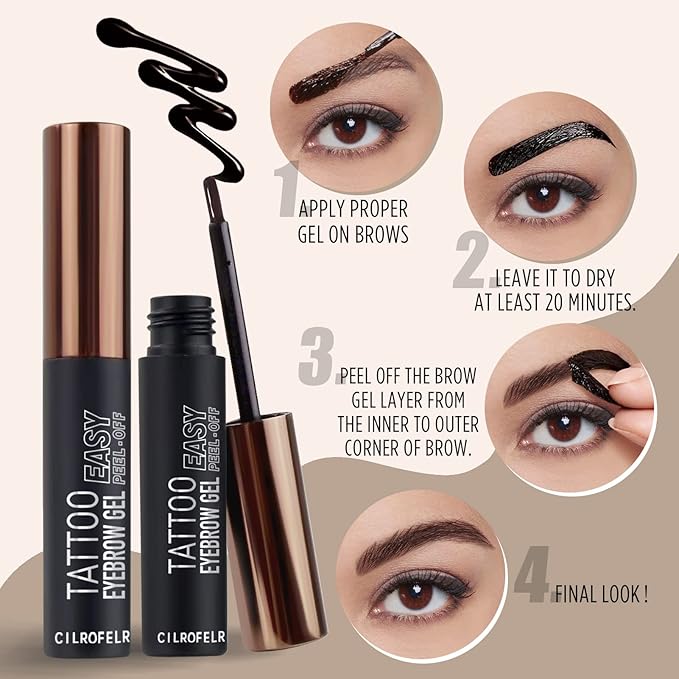 Cilrofelr Tattoo Peel Off Eyebrow Gel, Easy Tattoo Brow Peel Off Gel, Last Up to 3 Days, Waterproof, Transfer-proof, For Fuller & Defined Looking Brows, Brown (2 Pack)
