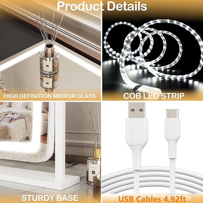 Lighted Makeup Mirror, Hollywood Vanity Mirror with Lights, Three Color Lighting Modes, and Detachable 10X Magnification Mirror, Smart Touch Control, 360°Rotation (15.2in. Gold)