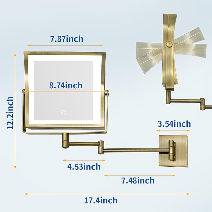 Ruacq Rechargeable Wall Mounted Makeup Mirror with Lights, Double Sided 1X/10X Magnifying Vanity Mirror with 3 Color Lights, Touch Screen Dimmable, 360° Rotation Extension Foldable Arm(Antique Brass)