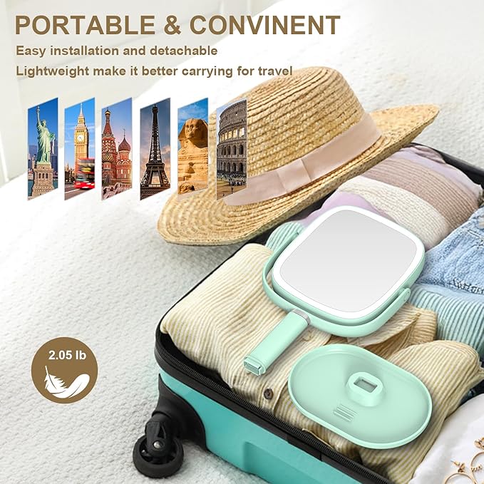 Mocado Makeup Mirror with Lights, 1X/20X Magnifying Mirror with Light, Vanity Mirror with 3 Colors Lights, Height Adjustable Lighted Makeup Mirror, Double Sided 360°Rotation, Memory Function (Green)