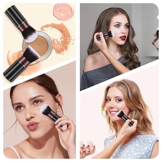 Makeup Brushes, Retractable 2 Pack Travel Kabuki Blush Makeup Brush Face Powder Foundation Brushes for Blending Liquid, Blush, Bronzer, Buffing, Sunscreen,Flawless Cosmetics