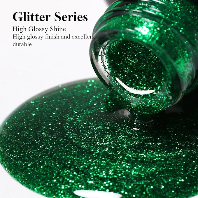 Imtiti Glitter Gel Nail Polish, Green Glitter Gel Polish Soak Off LED U V Shimmer Sparkle Christmas Green Nail Gel Polish Fall Winter DIY Nail Art Starter Manicure Salon 10ML
