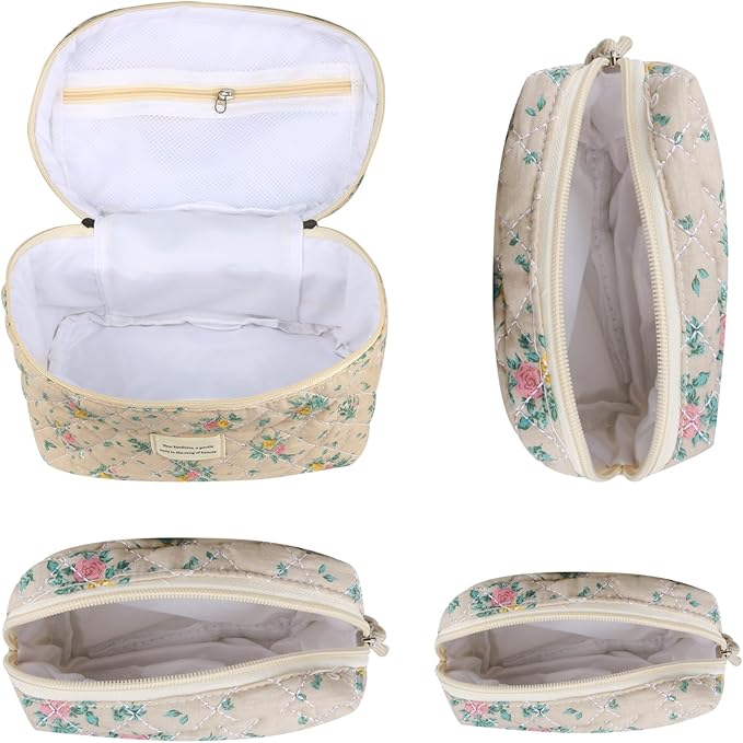 VIWIME Makeup Cosmetic Bag, Large Cotton Quilted Travel Coquette Aesthetic Cute Floral Make up Bag for Women Toiletry Bag Organizer(Yellow&Red Rose/4Pcs)