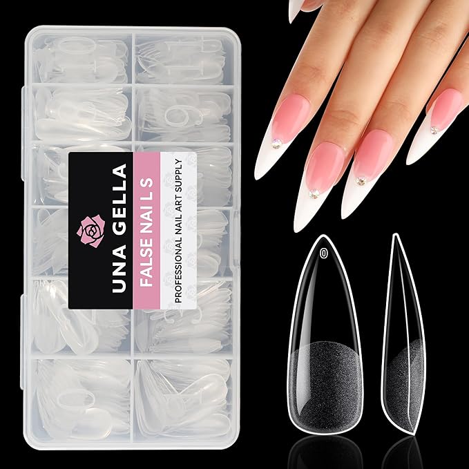 UNA GELLA Long Stiletto Gel Nail Tips Halloween Full Cover 504PCS Pre-shape Long Stiletto Almond Fake Clear Nails Tips No Need File Gel Tips No C Curve for Nail Extension DIY Art Salon 12 Sizes