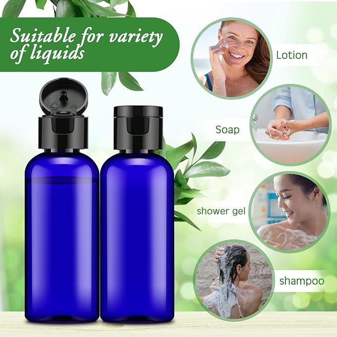 Eccliy 100 Pack 2 oz Travel Bottles Plastic Bottles with Lids Refillable Travel Size Cover Cap Plastic Liquid container for Toiletries Lotions Shampoo Creams Dispensing with 5 Funnels(Blue)