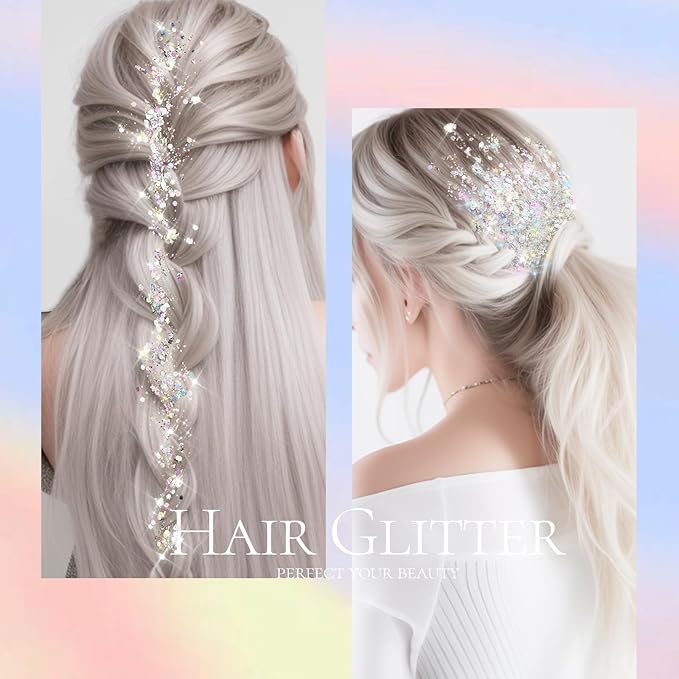 Teenitor Body Glitter, Body Glitter Gel, Hair Glitter, Face Glitter, Holographic Chunky Makeup Silver Glitter Gel for Face, Makeup, Hair, Eye