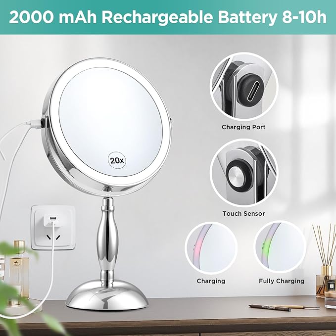 Makeup Mirror with Lights, 20X Magnifying Mirror with Light and STC- Side Charging & Side Touch Switch, Vanity Mirror with 3 Color Light and 2-Side 360° Rotation Double Sided Standing Desk Mirror