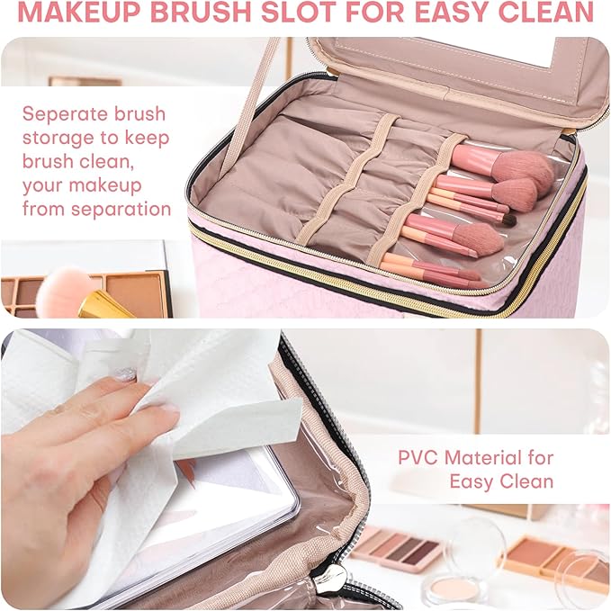 Large Makeup Bag with Mirror Double Layer Travel Make Up Organizer Case, Large Capacity Coemetic with Brush Slot Divider, Travel Toiletry Bag for Women (Pink)