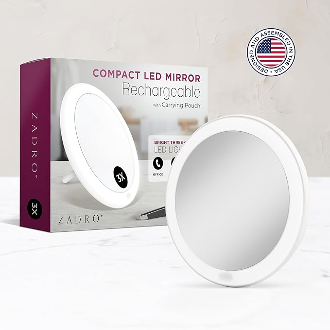 Zadro LED Lighted Compact Mirror with Magnification, Multi Light Color Touch Control, Rechargeable Battery, Travel Mirror Pouch Included (White, 3X / 4" Dia Width / 3.2" Dia Mirror)