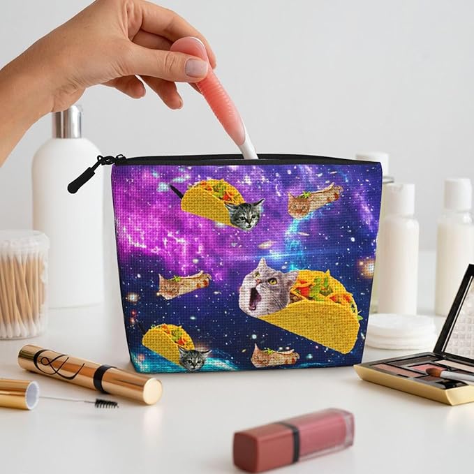 MOLAIGIN Blue Purple Galaxy Cat Taco Cosmetic Bag For Women, Travel Makeup Bag, Toiletry Zipper Bag, Large Capacity Aesthetic Cases