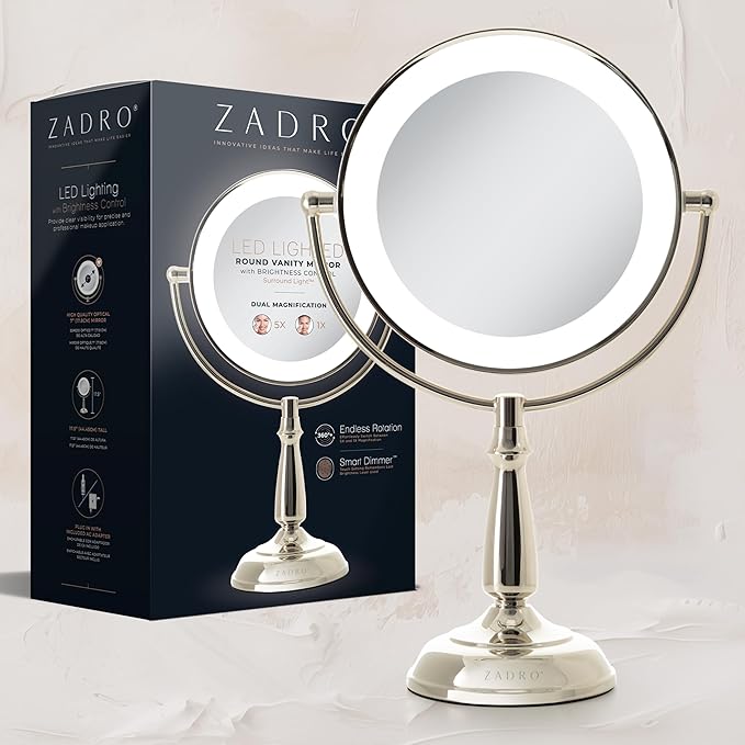 Zadro 11" Makeup Mirror with Lights and Magnification Dimmable Touch LED Lighted Makeup Mirror with Magnification (Large | 11" x 17" | 5X/1X, Polished Nickel)