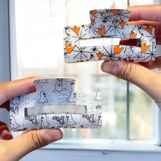 2Pcs Halloween Hair Clips for Women, Cute Spider Web Ghost Hair Claw Clips, White Square Hair Barrettes, Large Hair Claw, Nonslip Claw Clips, Halloween Hair Accessories for Hair Styling, Decorations