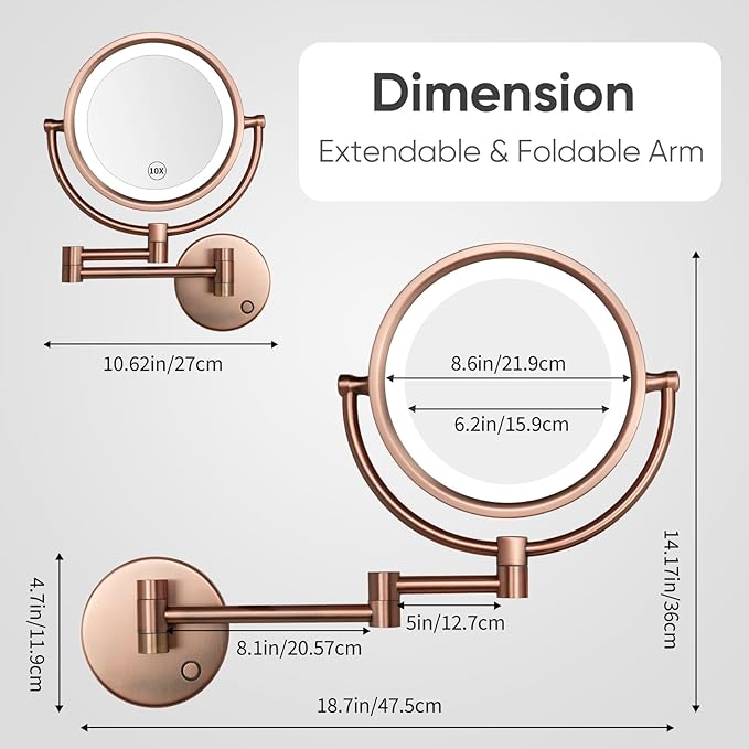 GURUN Wall Mounted Hardwired Makeup Mirror with 3 Tones Dimmable LED Lights 10x Magnifying Mirror with Touch Control for Bathroom Bedroom 13" Extendable Arm M1809DB-9x10MR-T(10x,Matte Rose Gold)