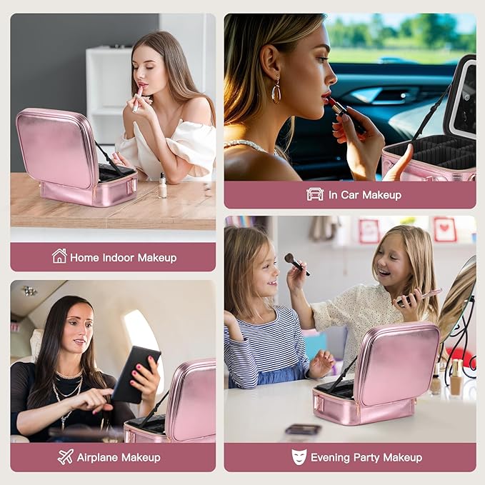 Travel Makeup Bag with LED Mirror, Cosmetic Bags for Women with Light up Mirror, Travel Essentials Makeup Organizer, Makeup Case with Adjustable Dividers and Brush Holder, 3 Color Lights