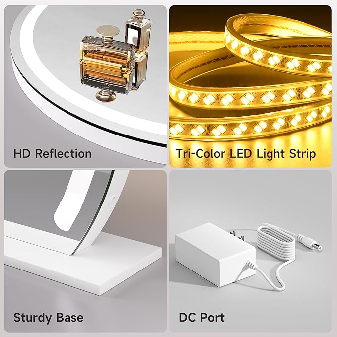 Hasipu Vanity Mirror with Lights, 22.8" x 18.1" LED Makeup Mirror, Lighted Makeup Mirror with Lights, Smart Touch Control 3 Colors Dimmable Mirror 360°Rotation USB Port White