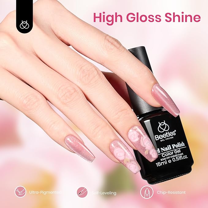 Beetles Pink Cat Eye Gel Nail Polish - 15ML Summer Light Pink Cat Eye Glitter Shimmer Gel Polish with Magnet Soak Off UV Soft Afternoon Collection Nail Art Design Manicure Gifts for Women