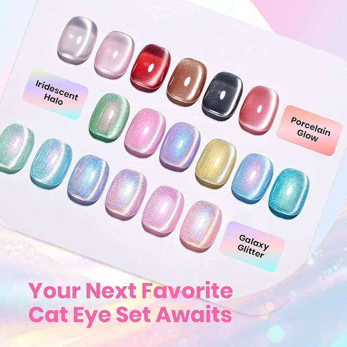 Beetles Cat Eye Gel Nail Polish Set - 6 Colors Summer Rainbow Cat Eye Gel Pink Blue Green Purple Orange Gel with Magnet Soak Off UV Iridescent Halo Collection Salon Nail Art Manicure Gift for Women