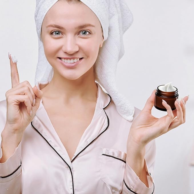 2oz Jars with Lids, HOA Kinh 30 Pack Amber Glass Jars with Black Lids Empty Cosmetic Containers Round Airtight Glass Jar with Inner Liners for Storing Lotions, Powders, and Ointments