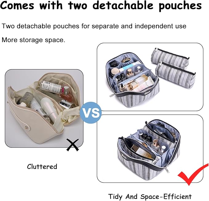 Travel Makeup Bag for Women: Large Capacity Open Flat Make up Bag Set of 3 - Vegan Leather Cosmetic Bag with Compartments - Waterproof Toiletry Bag with Handle & Divider(Black)