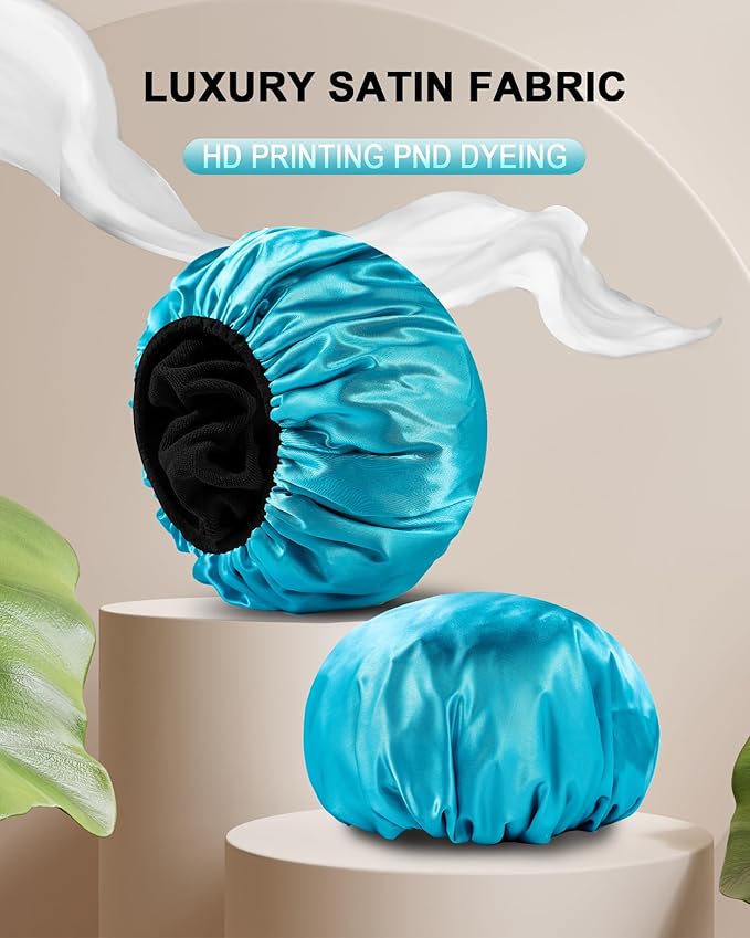 YIZIJIZI Triple Layer Reusable Waterproof Shower Cap for Women Large Terry Lined Hair Cap for Long Thick Hair Travel Bath Care Light Blue