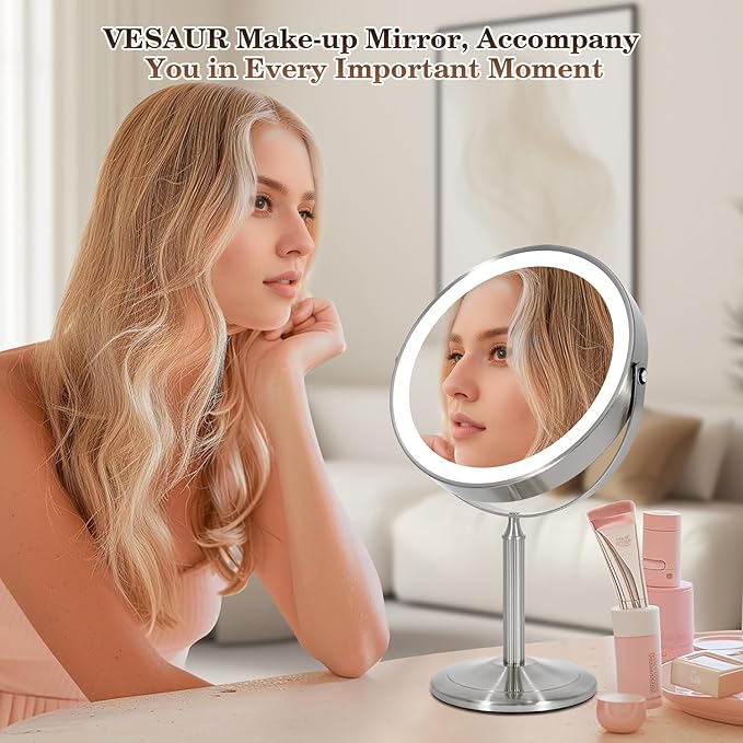 VESAUR 15X Magnifying Mirror with Light, 9.5 Large 5000mAh Rechargeable Double Sided HD Lighted Makeup Mirror with 3 Touch Dimmable Light, 360° Swivel Detachable for Travel Vanity Mirror Nickel, Gifts