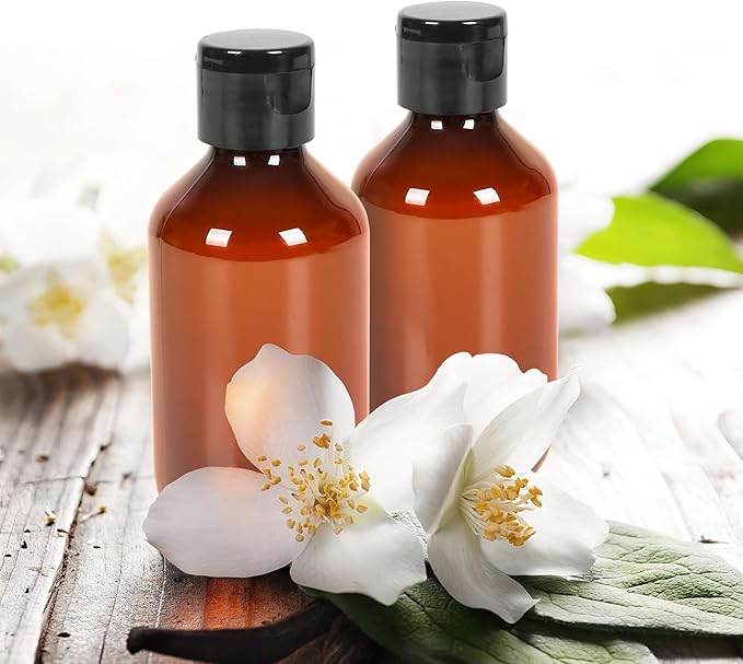 TRENDBOX Travel Size Amber Bottles with Flip Cap - 6 Pack 3.4oz Leak Proof Dispenser Containers for Toiletries, Essential Oils & Shampoo - Set of Small Empty Plastic Bottles