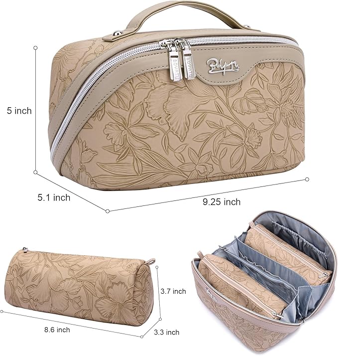 BOYATU Travel Makeup Bags Cosmetic Organizer Bag: 3-Set Large Capacity Make up Bag - PU Leather Toiletry Bags for Women - Wide Open Portable Pouch with Divider & Handle (02-Light Brown)