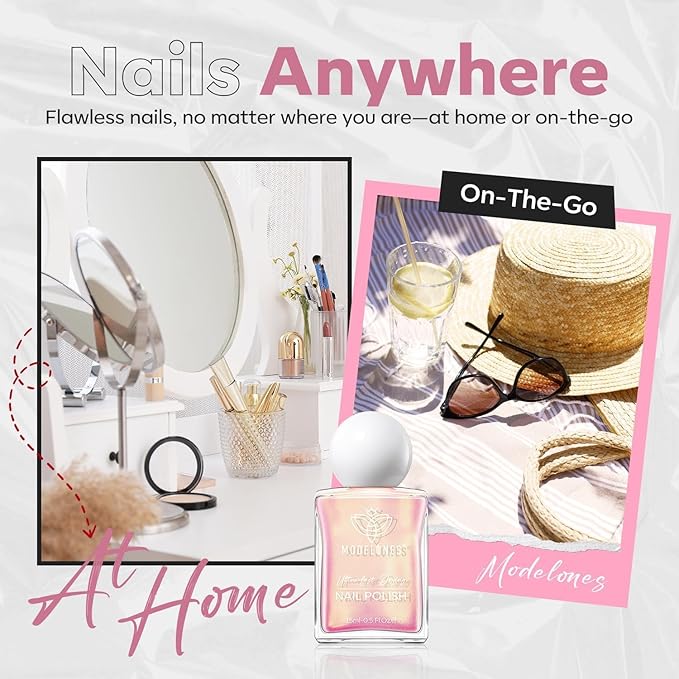 modelones Chrome Pink Nail Polish, 15 ml Pearl Mermaid Iridescent Shimmer Pink Quick Dry Nail Lacquer Long Last Shine Fingernail Polish Nail Art DIY Home Manicure Gift for Women Girls 0.5 Fl Oz