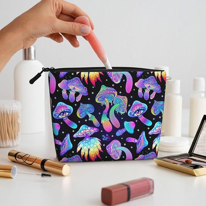 MOLAIGIN Magic Psychedelic Mushrooms And Skulls Cosmetic Bag For Women, Travel Makeup Bag, Toiletry Zipper Bag, Large Capacity Aesthetic Cases