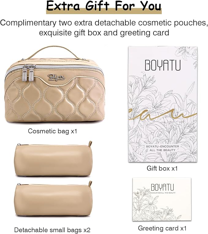 Travel Makeup Bags for Women Cosmetic Bag: Puffy Make up Bags Set of 3 - Vegan Leather Makeup Organizer - Waterproof Large Toiletry Bag with Compartments - Travel Essentials (Khaki)