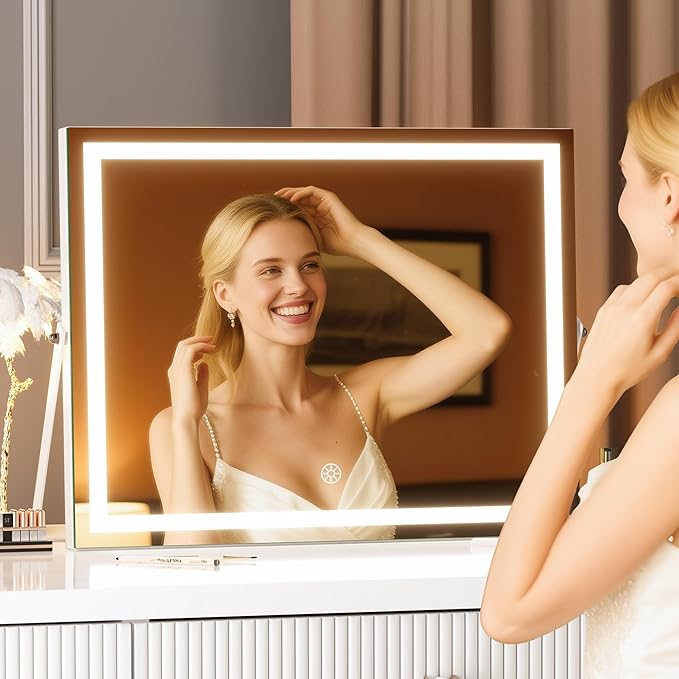 MINISO Vanity Mirror with Lights, 13.8" x 11" LED Makeu Mirror, Light & Brightness Adjustment, Smart Sensor, 360°Rotation, Aluminum Alloy Metal White Frame, with 5X Magnifying Glass