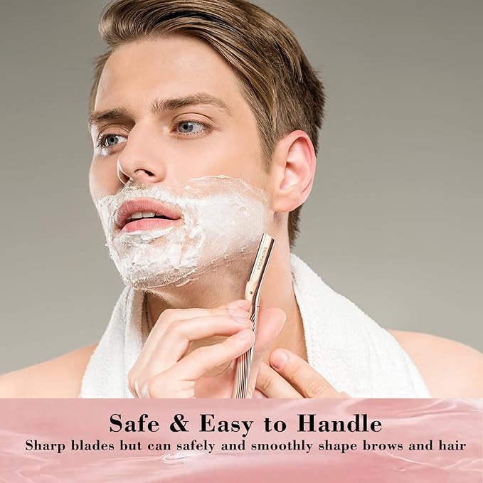 Eyebrow Razor, Face Razors for Women and Men, Reusable Metal Handle with 6 Refill Blades, Eyebrow Trimmer with Precision Cover, Dermaplane Razor, Skin Care Tool - Rose Gold